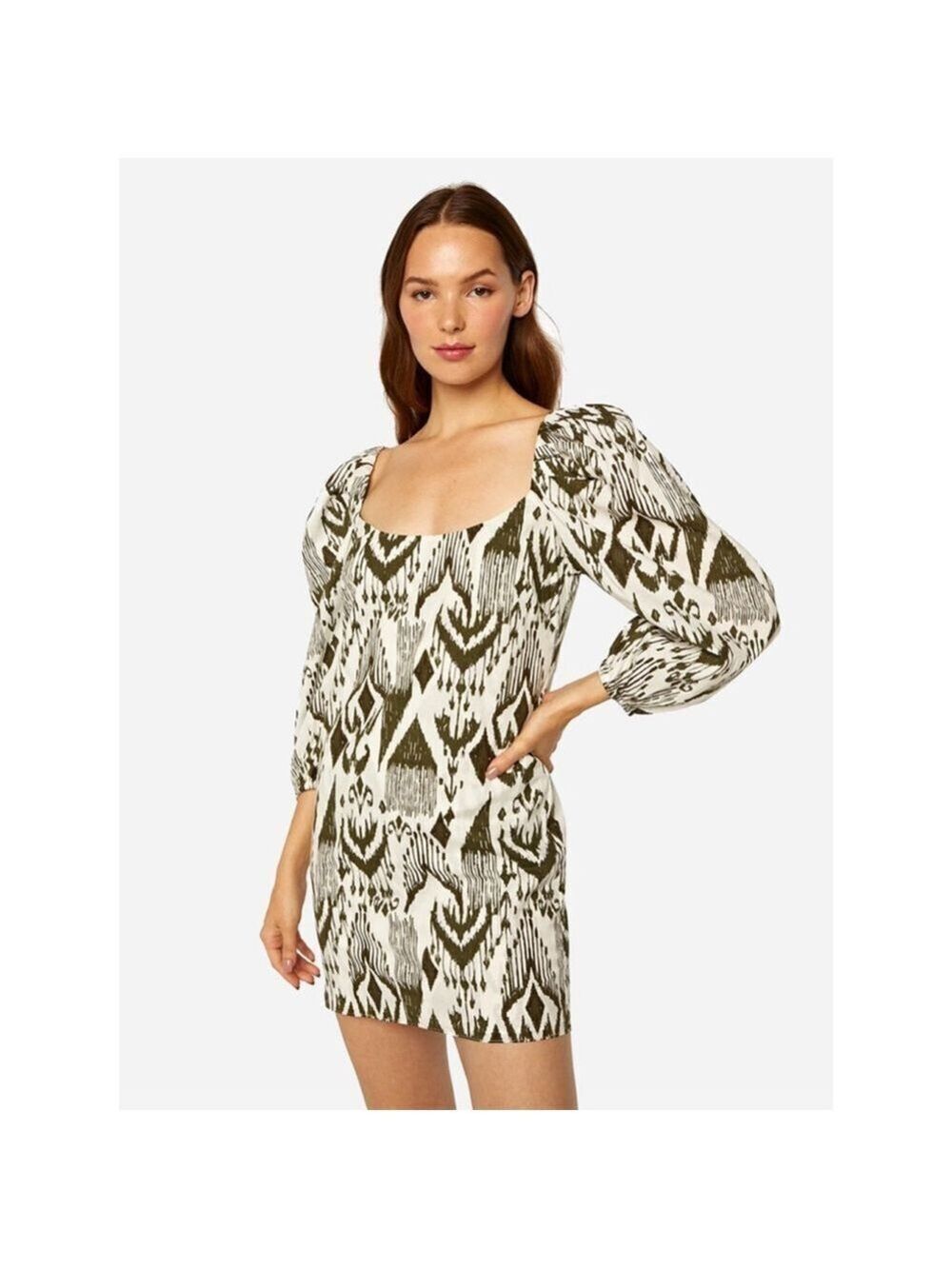 Women's MISA White Green Ikat Print Scoopneck Mini Dress XS